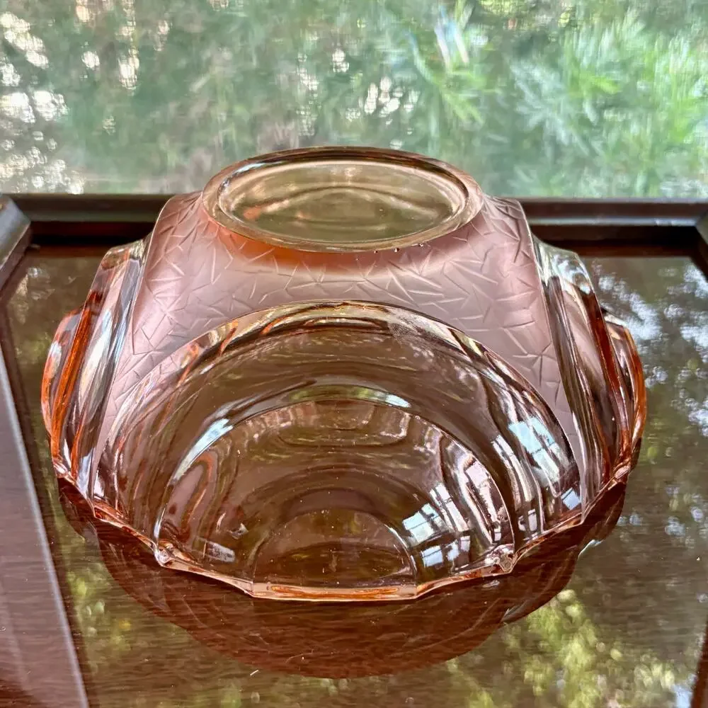 Vintage Pink Pressed Glass Bowl Made in Poland Art Deco Scalloped Edge